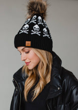 Load image into Gallery viewer, Black Skull Pattern Pom Knit Toboggan Hat
