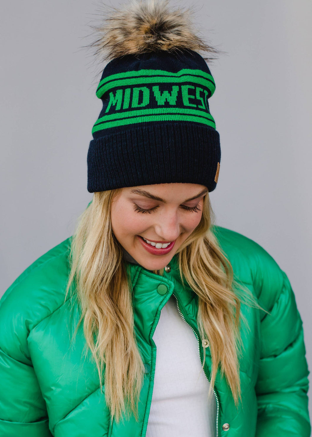 Navy & Green Midwest Pom Knit Toboggan Hat