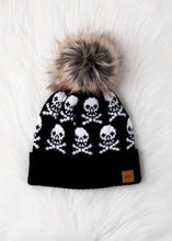 Load image into Gallery viewer, Black Skull Pattern Pom Knit Toboggan Hat
