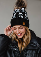 Load image into Gallery viewer, Black Skull Pattern Pom Knit Toboggan Hat
