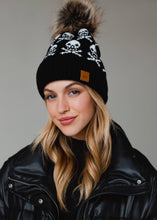 Load image into Gallery viewer, Black Skull Pattern Pom Knit Toboggan Hat
