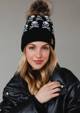 Load image into Gallery viewer, Black Skull Pattern Pom Knit Toboggan Hat
